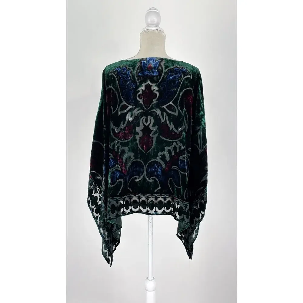 Chicos Silk Blend Velvet Burnout Poncho Womens Size Small / Medium New Green